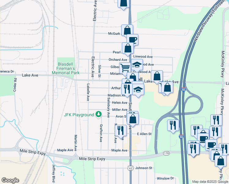 map of restaurants, bars, coffee shops, grocery stores, and more near 57 Arthur Avenue in Blasdell