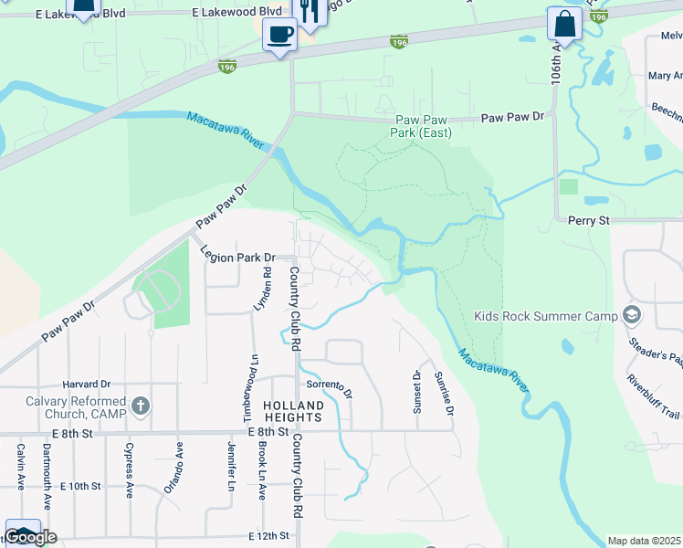 map of restaurants, bars, coffee shops, grocery stores, and more near 1181 Waterwalk Drive in Holland