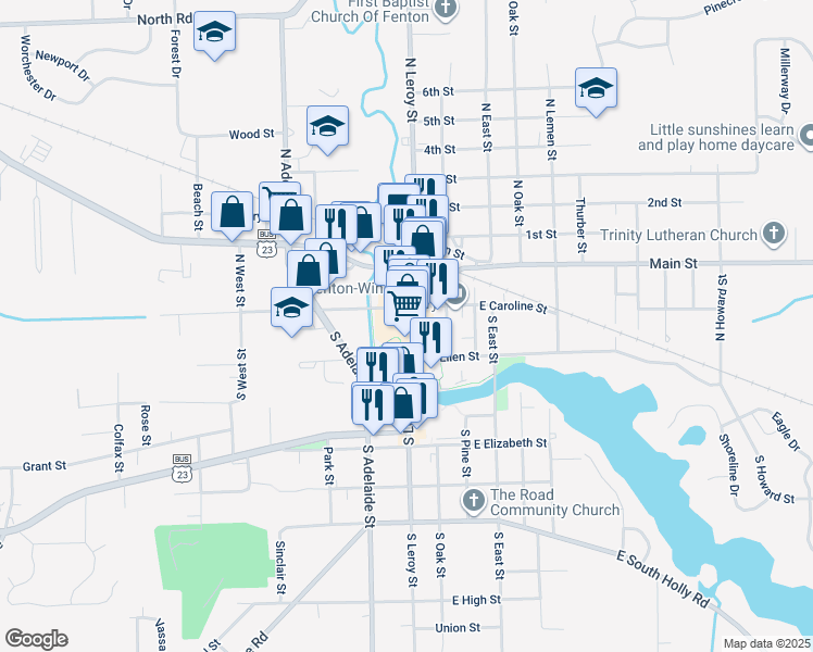 map of restaurants, bars, coffee shops, grocery stores, and more near 134 North Leroy Street in Fenton