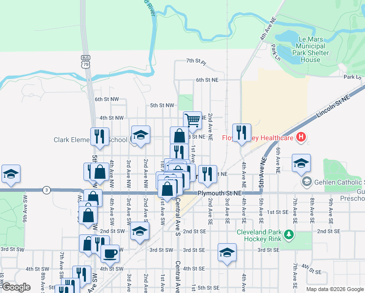 map of restaurants, bars, coffee shops, grocery stores, and more near 219-299 Central Avenue Northwest in Le Mars