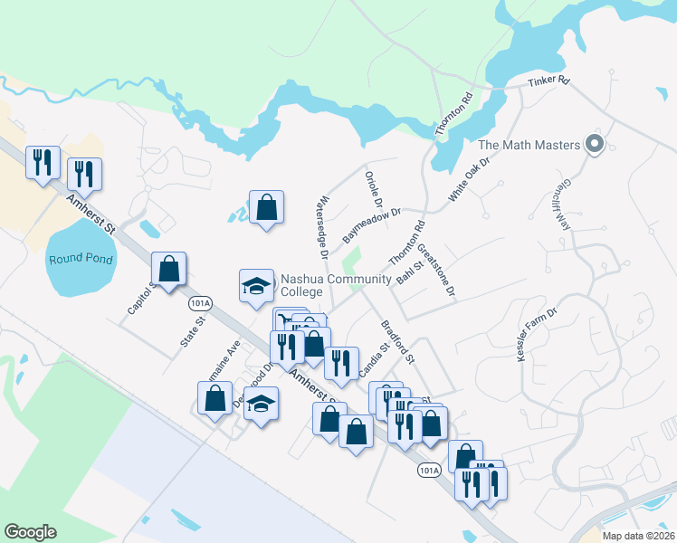 map of restaurants, bars, coffee shops, grocery stores, and more near 21 Baymeadow Drive in Nashua