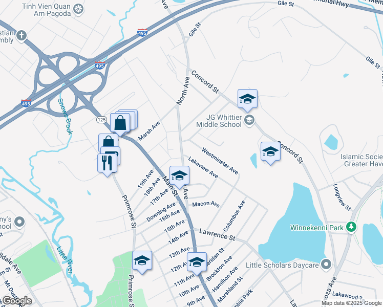map of restaurants, bars, coffee shops, grocery stores, and more near 8 Westminster Avenue in Haverhill