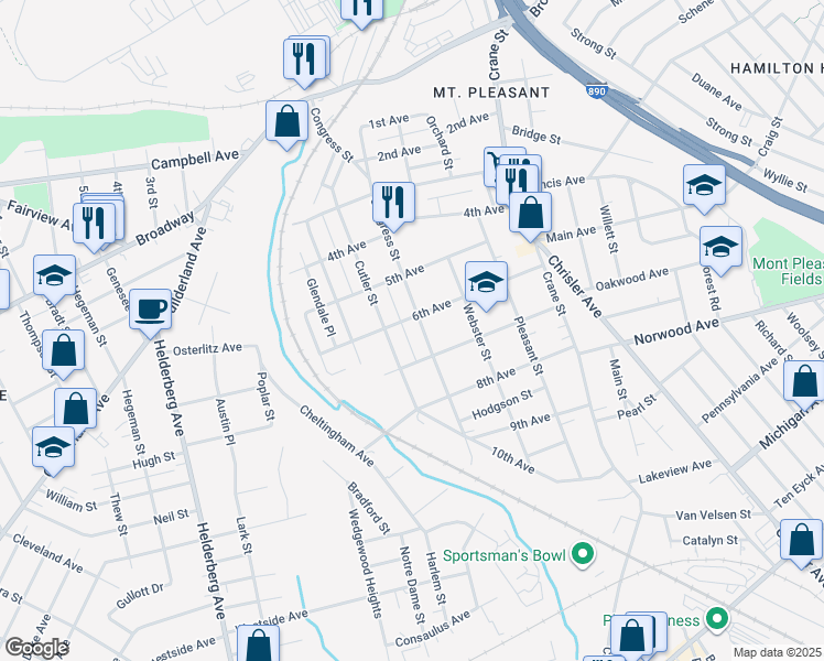 map of restaurants, bars, coffee shops, grocery stores, and more near 1045 Cutler Street in Schenectady
