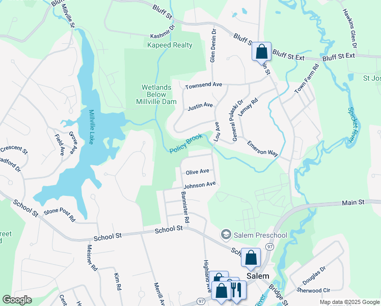map of restaurants, bars, coffee shops, grocery stores, and more near 35 Bannister Road in Salem