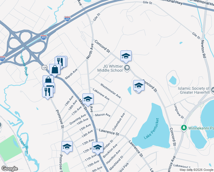 map of restaurants, bars, coffee shops, grocery stores, and more near 39 Newton Avenue in Haverhill