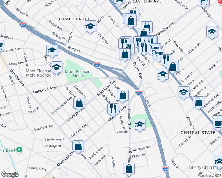 map of restaurants, bars, coffee shops, grocery stores, and more near 1518 California Avenue in Schenectady