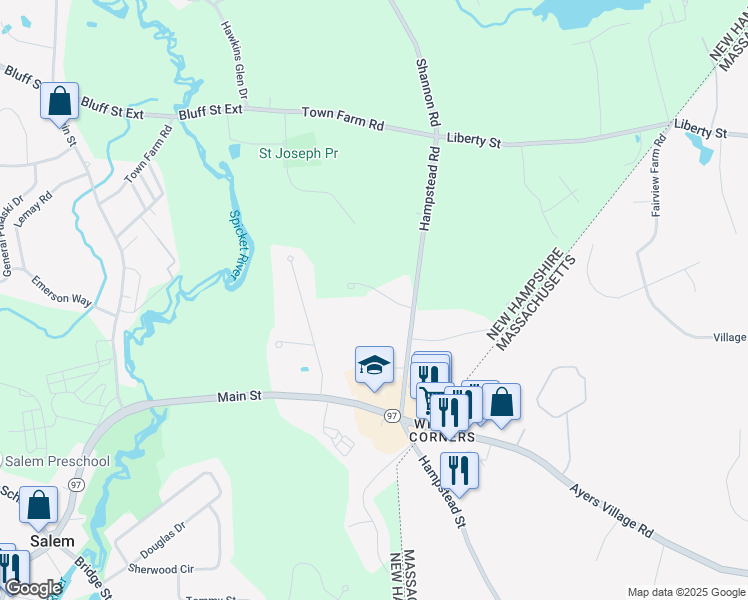 map of restaurants, bars, coffee shops, grocery stores, and more near 11 Meadow Lane in Salem