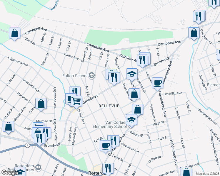 map of restaurants, bars, coffee shops, grocery stores, and more near Broadway & Ontario Street in Schenectady