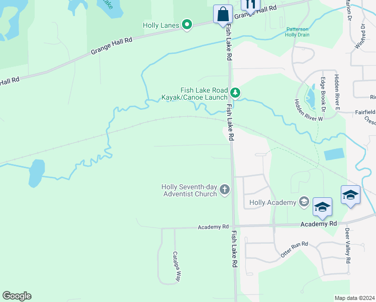 map of restaurants, bars, coffee shops, grocery stores, and more near 2400 Whistle Stop Lane in Holly