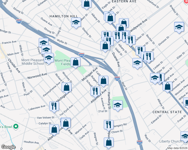 map of restaurants, bars, coffee shops, grocery stores, and more near 1518 California Avenue in Schenectady