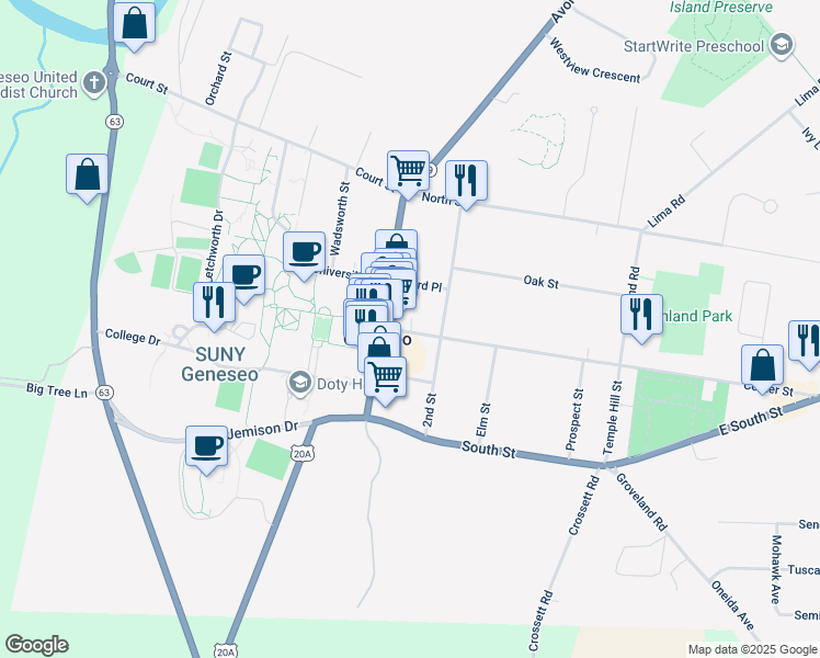 map of restaurants, bars, coffee shops, grocery stores, and more near 5 Center Street in Geneseo