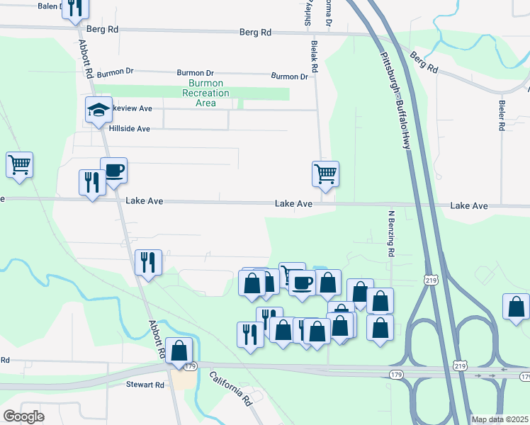 map of restaurants, bars, coffee shops, grocery stores, and more near 5355 Lake Avenue in Orchard Park