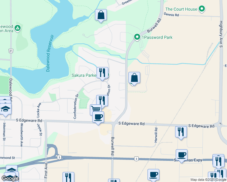 map of restaurants, bars, coffee shops, grocery stores, and more near 80 Confederation Drive in St. Thomas