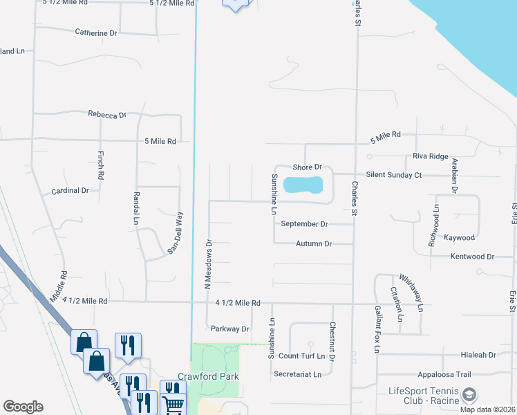 map of restaurants, bars, coffee shops, grocery stores, and more near 5755 Leawood Lane in Racine