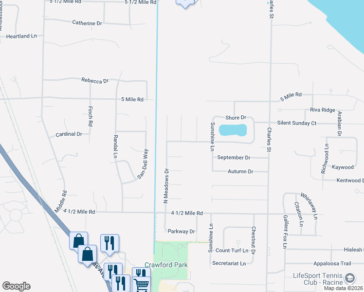map of restaurants, bars, coffee shops, grocery stores, and more near 5754 Winstar Lane in Racine