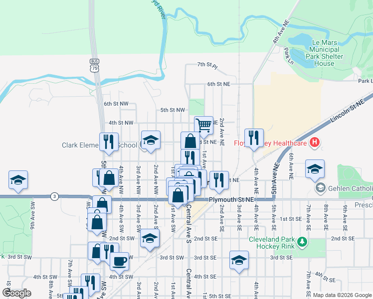 map of restaurants, bars, coffee shops, grocery stores, and more near 219 Central Avenue Northwest in Le Mars