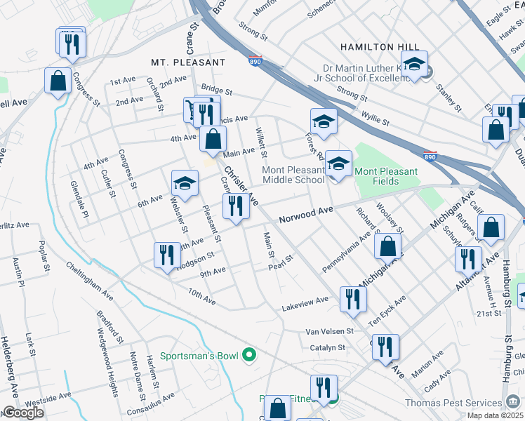 map of restaurants, bars, coffee shops, grocery stores, and more near Chrisler Avenue in Schenectady