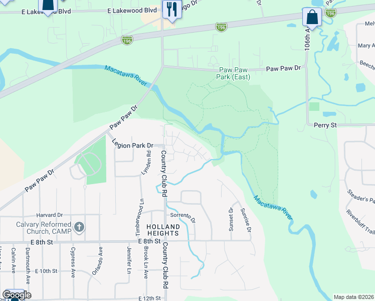 map of restaurants, bars, coffee shops, grocery stores, and more near 1217 Waterwalk Drive in Holland