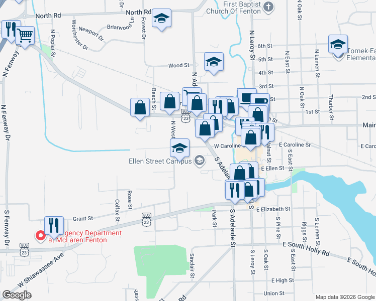 map of restaurants, bars, coffee shops, grocery stores, and more near 327 West Caroline Street in Fenton