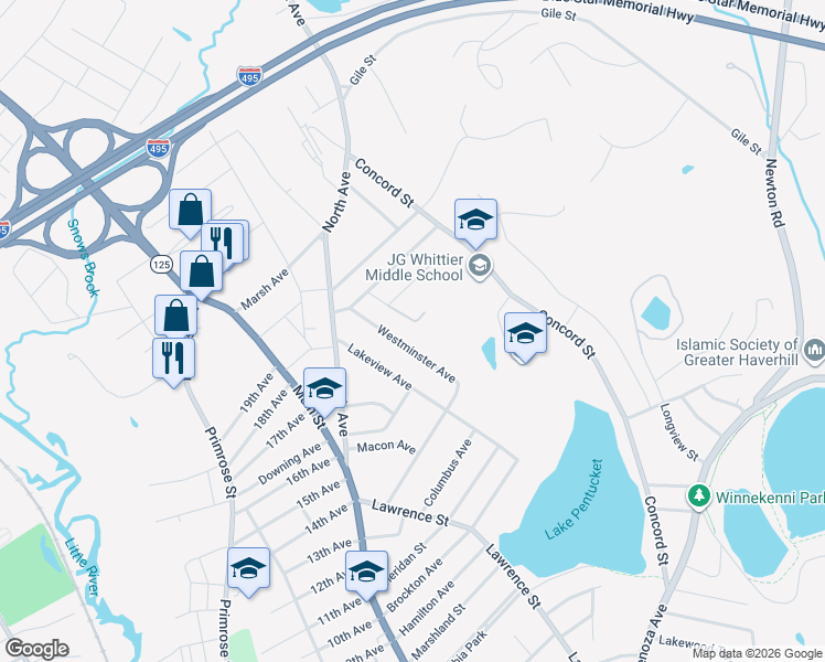 map of restaurants, bars, coffee shops, grocery stores, and more near 39 Newton Avenue in Haverhill