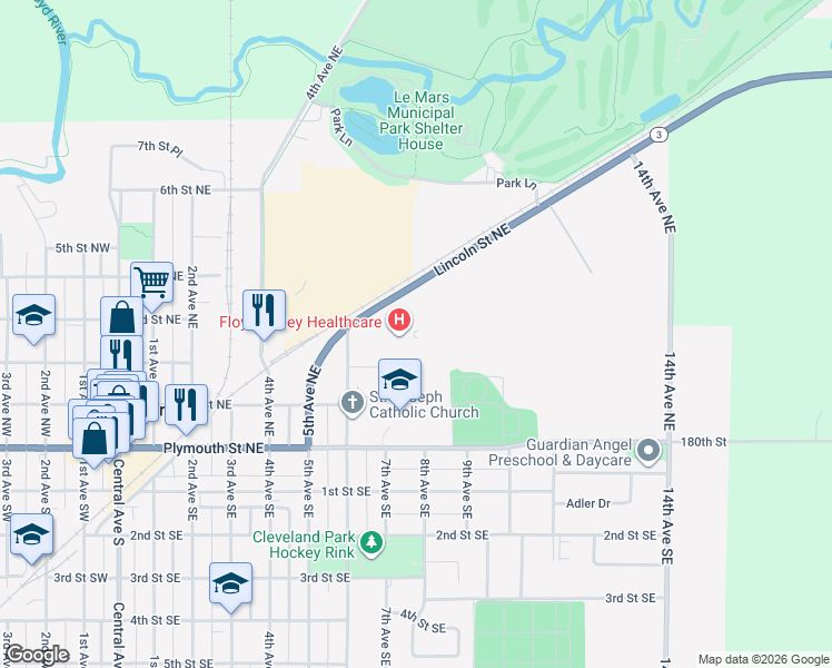 map of restaurants, bars, coffee shops, grocery stores, and more near 30 Park Village in Le Mars