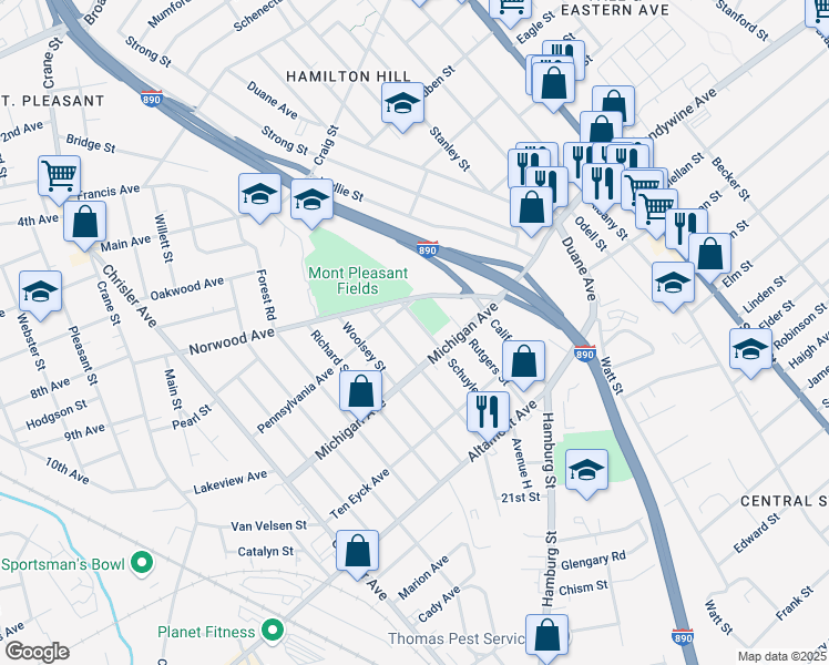 map of restaurants, bars, coffee shops, grocery stores, and more near 1416 Schuyler Street in Schenectady