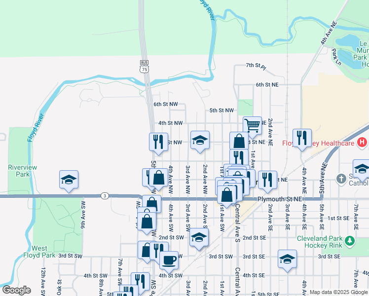 map of restaurants, bars, coffee shops, grocery stores, and more near 227 3rd Avenue Northwest in Le Mars