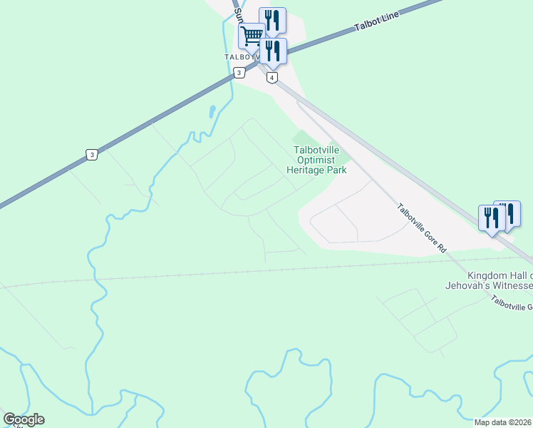 map of restaurants, bars, coffee shops, grocery stores, and more near 1 Talbotville Gore Road in Southwold