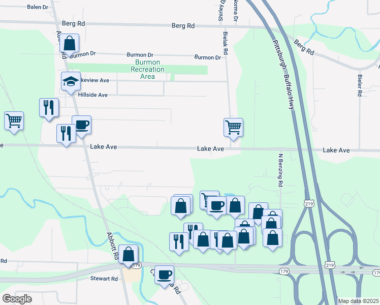 map of restaurants, bars, coffee shops, grocery stores, and more near 5355 Lake Avenue in Orchard Park