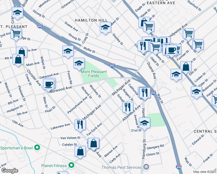map of restaurants, bars, coffee shops, grocery stores, and more near 1416 Schuyler Street in Schenectady