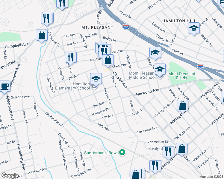 map of restaurants, bars, coffee shops, grocery stores, and more near 1116 7th Avenue in Schenectady