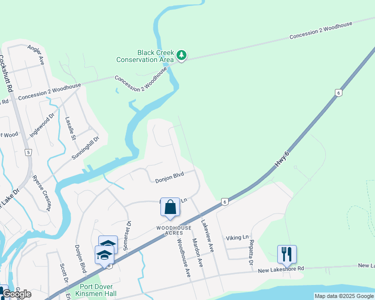 map of restaurants, bars, coffee shops, grocery stores, and more near 195 Donjon Boulevard in Port Dover