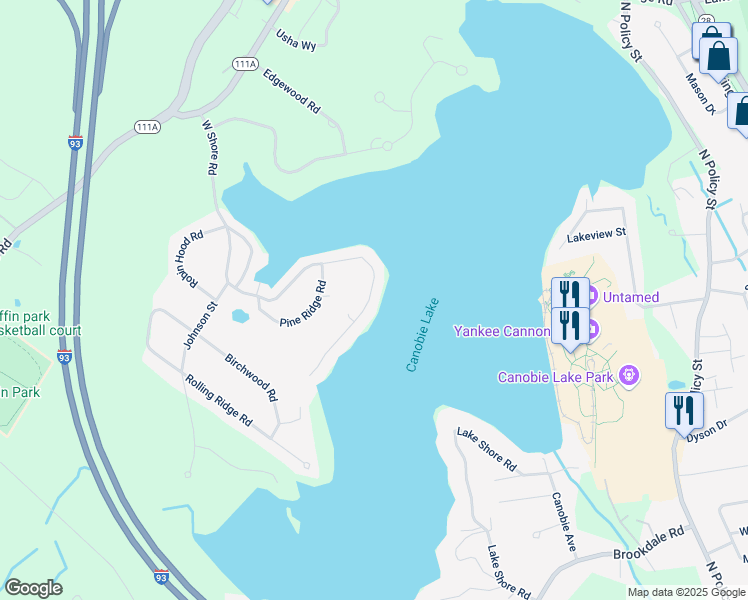 map of restaurants, bars, coffee shops, grocery stores, and more near 65 West Shore Road in Windham
