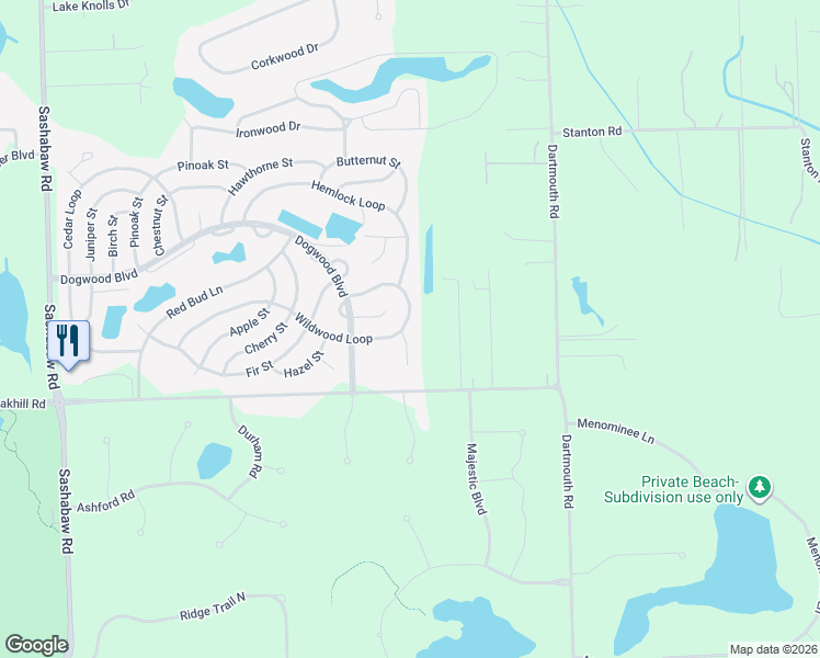 map of restaurants, bars, coffee shops, grocery stores, and more near 4540 Wildwood Loop in Clarkston