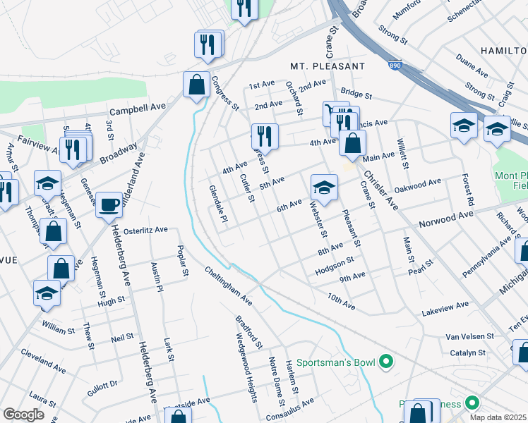 map of restaurants, bars, coffee shops, grocery stores, and more near 1045 Cutler Street in Schenectady