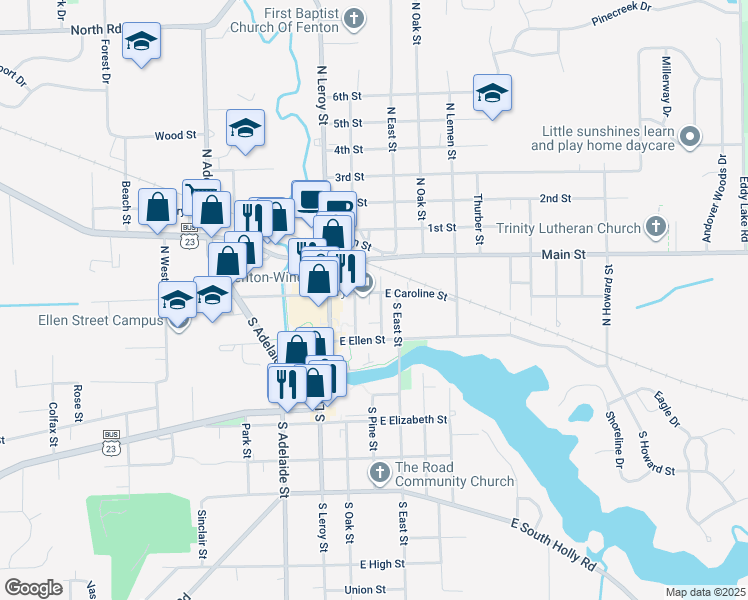 map of restaurants, bars, coffee shops, grocery stores, and more near 206 East Caroline Street in Fenton