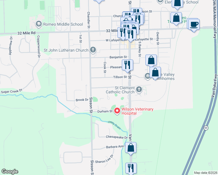 map of restaurants, bars, coffee shops, grocery stores, and more near 172 Croswell Street in Romeo