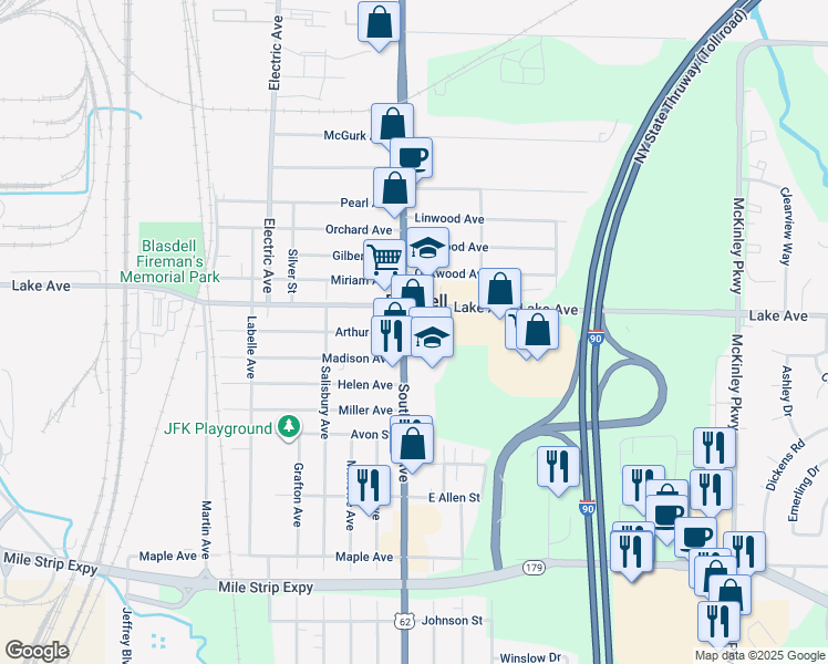 map of restaurants, bars, coffee shops, grocery stores, and more near 3748 South Park Avenue in Buffalo