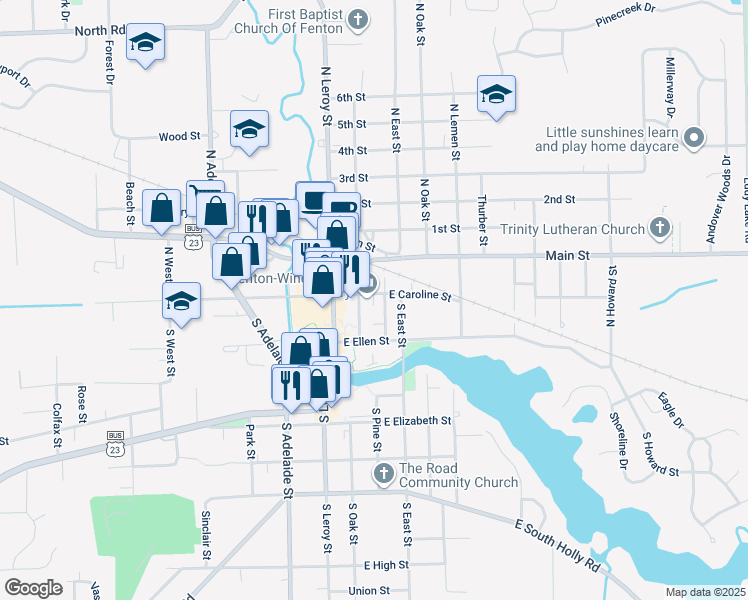 map of restaurants, bars, coffee shops, grocery stores, and more near 206 East Caroline Street in Fenton