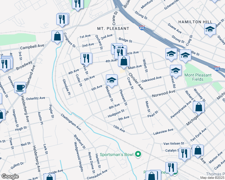 map of restaurants, bars, coffee shops, grocery stores, and more near 1091 Webster Street in Schenectady