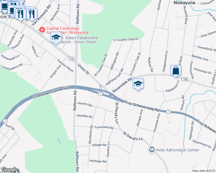 map of restaurants, bars, coffee shops, grocery stores, and more near 1002 Highland Park Road in Niskayuna