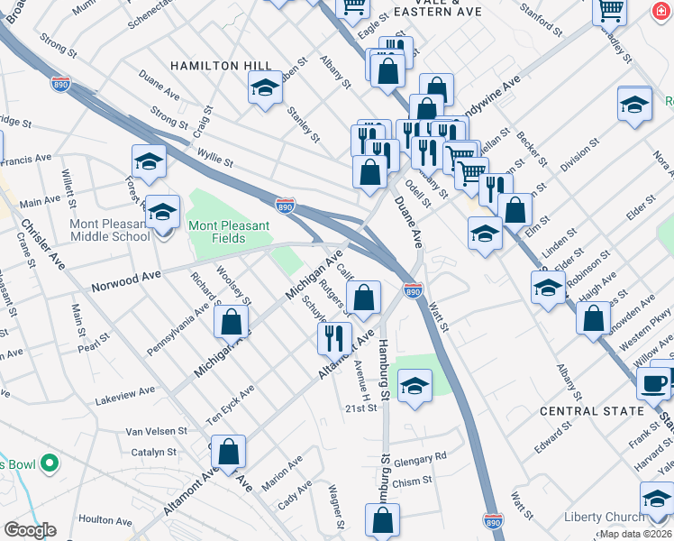map of restaurants, bars, coffee shops, grocery stores, and more near 1518 California Avenue in Schenectady
