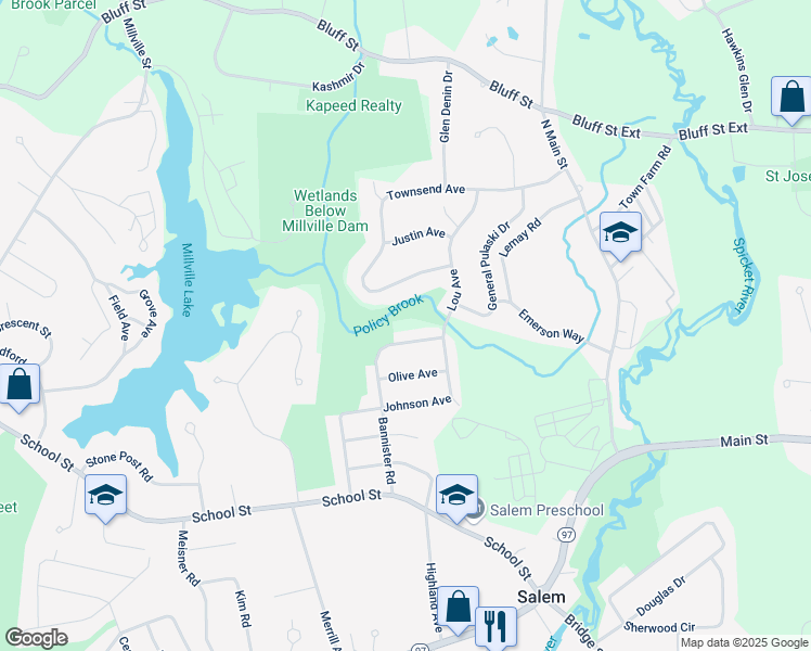 map of restaurants, bars, coffee shops, grocery stores, and more near 35 Bannister Road in Salem