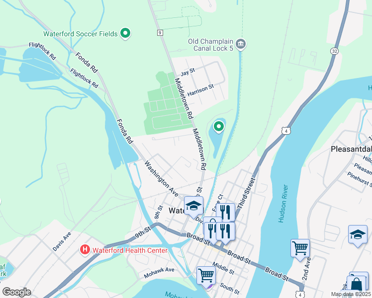 map of restaurants, bars, coffee shops, grocery stores, and more near 22 Mercer Street in Waterford