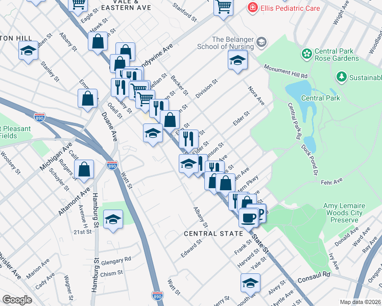 map of restaurants, bars, coffee shops, grocery stores, and more near 15 Elder Street in Schenectady