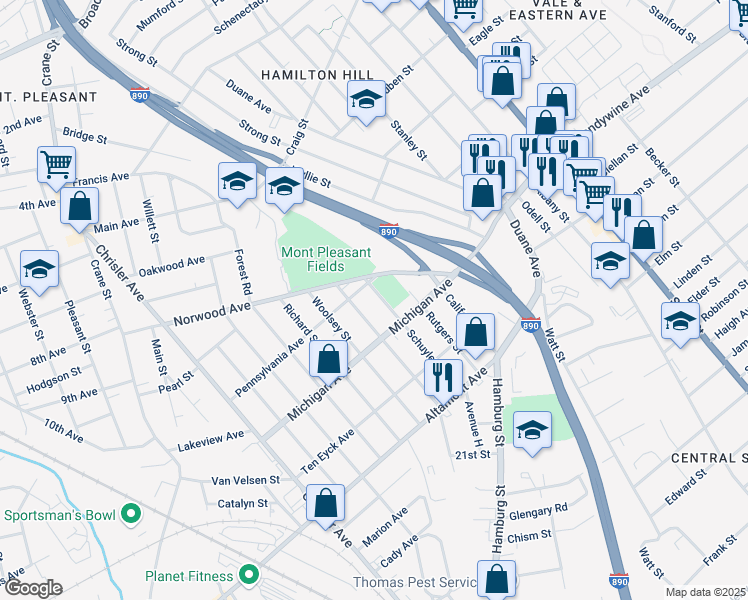 map of restaurants, bars, coffee shops, grocery stores, and more near 1416 Schuyler St in Schenectady