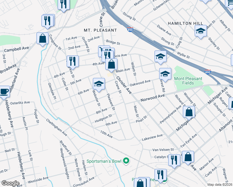 map of restaurants, bars, coffee shops, grocery stores, and more near 1116 7th Avenue in Schenectady
