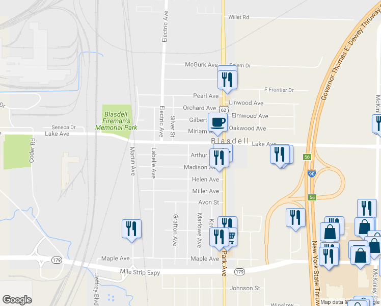 map of restaurants, bars, coffee shops, grocery stores, and more near 57 Arthur Avenue in Blasdell