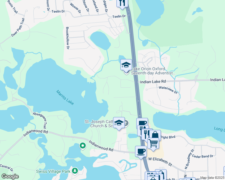 map of restaurants, bars, coffee shops, grocery stores, and more near 980 Manitou Lane in Lake Orion