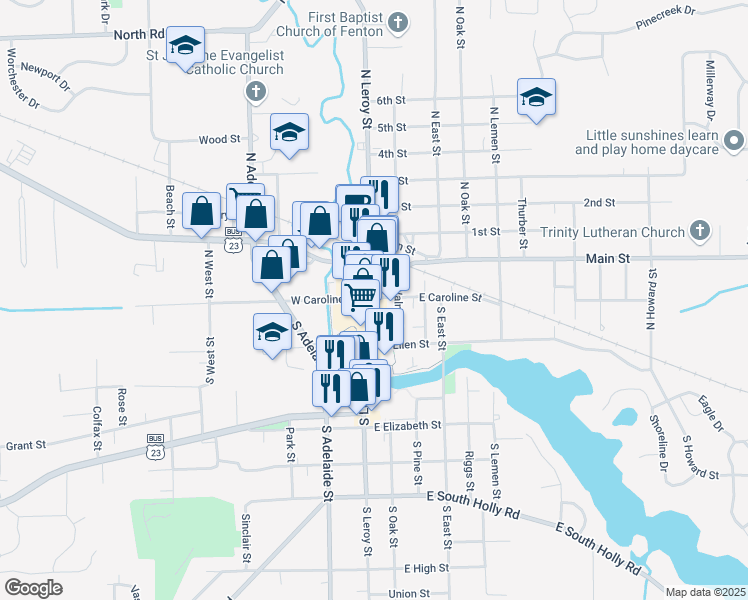 map of restaurants, bars, coffee shops, grocery stores, and more near 103 South Leroy Street in Fenton